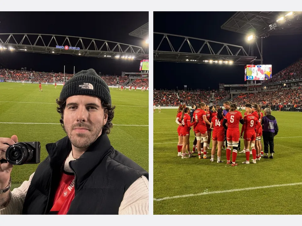 Two photos of Austin Werner at BMO Field: holding a camera field-side, and with the Canada women’s team in a huddle under the jumbotron